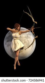 3D Illustration Of Artemis Diana Selena Greek Roman Goddess Of The Hunters With The Moon On Background