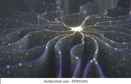 3D illustration. Artificial neuron in concept of artificial intelligence. Wall-shaped binary codes make transmission lines of pulses and/or information in an analogy to a microchip.