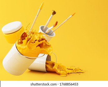 3d illustration. Artist paint brushes and paint jars on yellow background. Artist Accessories.
