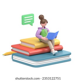 3D illustration of Asian girl Renae leaning on a pile of books reading.3D rendering on white background.
 - Powered by Shutterstock