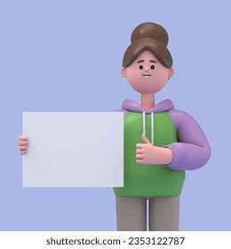 3D illustration of Asian girl Renae holding placard with thumb up, 3D rendering on white background.
 - Powered by Shutterstock