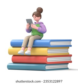 3D Illustration of Asian girl Renae sits on big books.Concept mobile application and books services. 3D rendering on white background.
 - Powered by Shutterstock