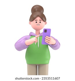 3D illustration of a Asian girl Renae  looking at smartphone and chatting. Portraits of cartoon characters talking and typing on the phone. Communication in social networking, mobile connection. 3D re - Powered by Shutterstock