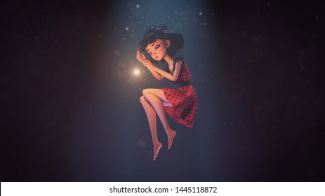 3d illustration of an asian girl sleeping in the air in deep space with stars. Young cartoon woman floating in the air. Girl sleeping in the dark near a shining star. Space art. Deep dream concept.