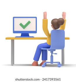 3D illustration of Asian woman Angela completed task and triumphing with raised hands on the his workplace. Successful well done work. Completed task.
 - Powered by Shutterstock