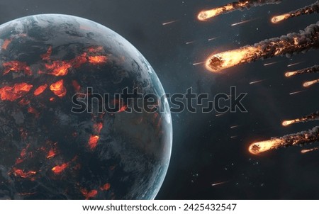 3D illustration of Asteroids destroy planet Earth with fire and explosions. High quality digital space art in 5K - ultra realistic visualization.