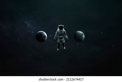 3D illustration Astronaut between Earth and Moon. 3D sci-fi art. Elements of image provided by Nasa