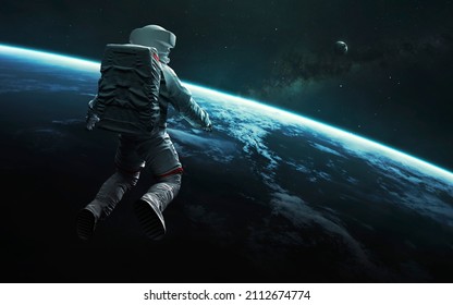 3D illustration Astronaut at spacewalk orbiting Earth planet. Elements of image provided by Nasa