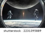 3D illustration of astronauts looks at Moon and spaceship starts from Earth. Artemis space program. 5K realistic science fiction art. Elements of image provided by Nasa