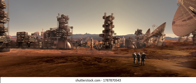 3D illustration of astronauts on a red rocky terrain looking at an industrial, modular, architecture and communication antennas, for science fiction or space exploration backgrounds.
