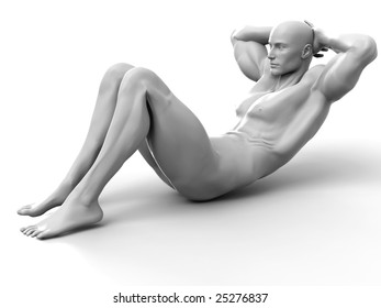 3D illustration of athletic man doing sit ups, working out his abdominal muscles
