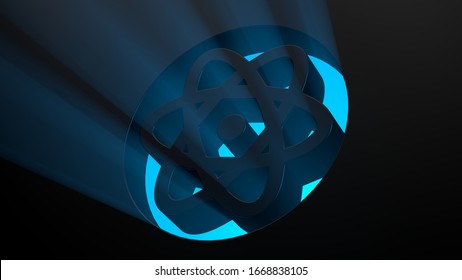 3D illustration of atom sign with light beams.