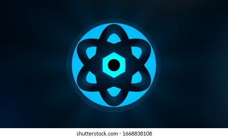 3D illustration of atom sign with light beams.
