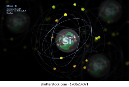 3D Illustration Of Atom Of Silicon With Detailed Core And Its 14 Electrons With Atoms In Background