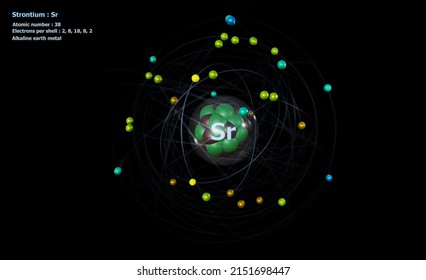 3D illustration of Atom of Strontium with Core and 38 Electrons with a black background