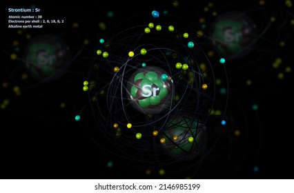 3D illustration of Atom of Strontium with detailed Core and its 38 Electrons with Atoms in background