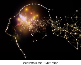 3D illustration of atomic and molecular structures and human silhouette made of bright numbers and on the subject of consciousness, education, modern technology, science and mind matter duality