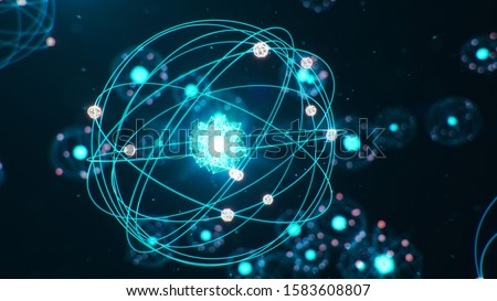 3D Illustration Atomic structure. Atom is the smallest level of matter that forms chemical elements. Glowing energy balls. Nuclear reaction. Concept nanotechnology. Neutrons and protons - nucleus.