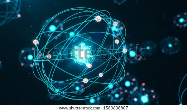 3D Illustration Atomic structure. Atom is the\
smallest level of matter that forms chemical elements. Glowing\
energy balls. Nuclear reaction. Concept nanotechnology. Neutrons\
and protons -\
nucleus.
