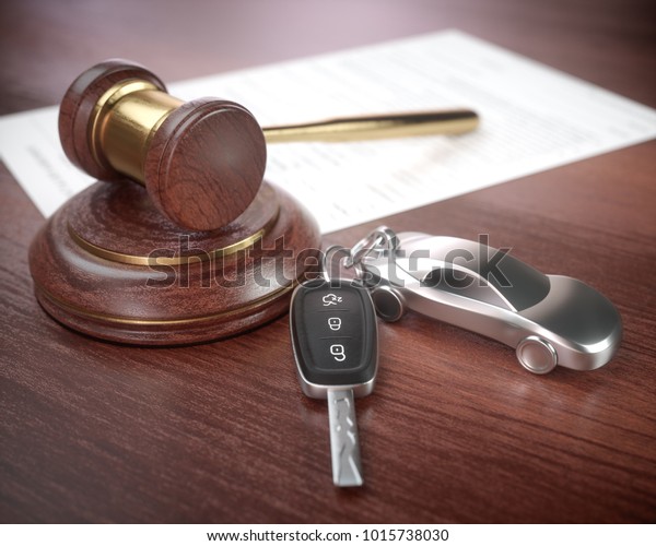 3D illustration.\
Auction hammer with golden details, a car key next to it and a\
contract in the\
background.