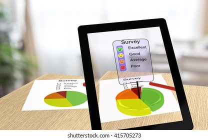 3D Illustration Of Augmented Reality With A Tablet Pointing At A Paper Enabling The User To Take The Survey Online