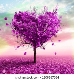 3D Illustration - Autumn Tree In The Shape Of A Heart, Purple Color