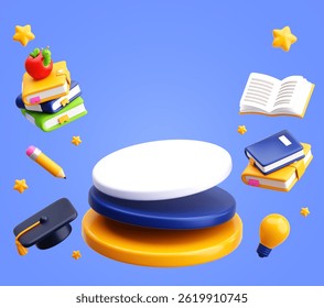 3D illustration of back to school elements including books, pencil, apple, graduation cap, and lightbulb arranged around a layered podium on a blue background. Perfect for education projects. - Powered by Shutterstock - Get 15% off with code: PIKWIZARD15