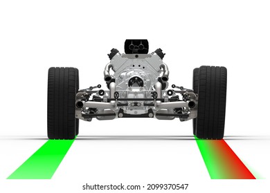 3D illustration with back view of a car drivetrain with rear wheel alignment. Car positive camber. - Powered by Shutterstock