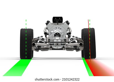 3D illustration with back view of a car drivetrain with rear wheel alignment. Car negative camber. - Powered by Shutterstock