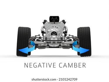 3D Illustration With Back View Of A Car Drivetrain With Rear Wheels Alignment. Car Negative Camber.