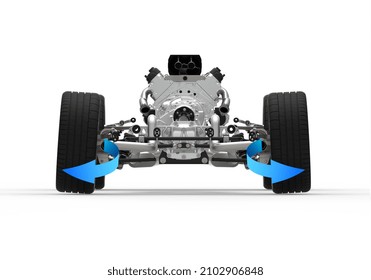 3D Illustration With Back View Of A Car Drivetrain With Rear Wheels Alignment. Car Negative Camber Alignment.