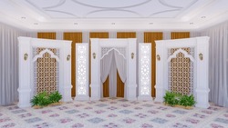 3d Illustration Backdrop Stand Islamic Ornament With Curtain And Plants In Room For Virtual Studio Wedding Ceremony 