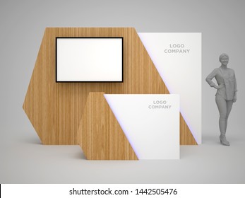 3d illustration backdrop TV LED plasma wooden texture and blank space for logo company with receptionist table for exhibition. High resolution image isolated.