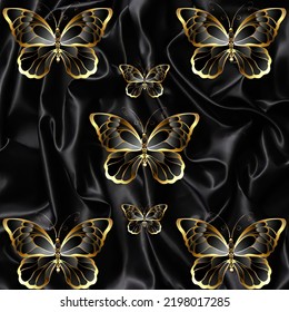 3d Illustration Background Of Black Color With Satin Sheet And Golden Silhouettes Of Butterflies In Different Sizes For Designs Decoration And Fabric Prints Canvas Posters Prints And Furniture