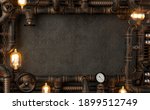 3d illustration. Background dark wall loft steampunk lamp from pipes. Banner or mock up. Quote