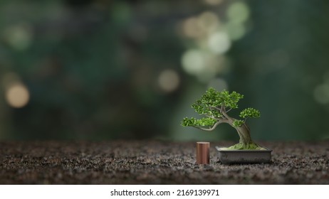 3D Illustration Background And Green Tree And Coin To Represent Finance Wealth Investment Bank Saving Economy On The Floor