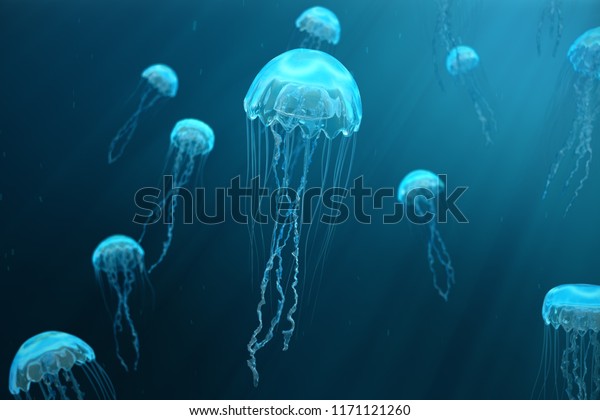 クラゲの3dイラスト背景 クラゲは海で泳ぎ 光が水を通り 体積線の効果を生み出します 危険な青クラゲ のイラスト素材