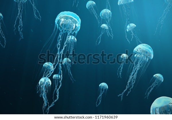 クラゲの3dイラスト背景 クラゲは海で泳ぎ 光が水を通り 体積線の効果を生み出します 危険な青クラゲ のイラスト素材 1171960639