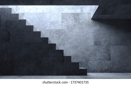 3d illustration. Background wallpaper concrete stairs concept. Inner hopper or tunnel. Industrial construction, metro or secret laboratory.