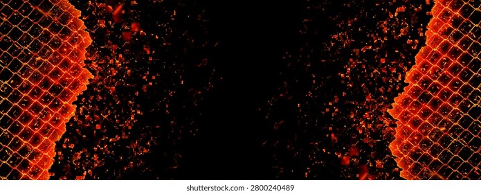 3D illustration background of a wire mesh fence engulfed in flames and a destroyed hole.