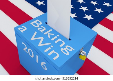 3D illustration of "Baking a Win", "2016" scripts and on ballot box, with US flag as a background.  - Powered by Shutterstock