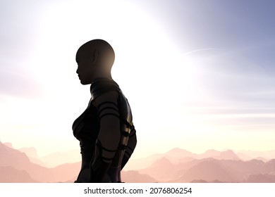 3d Illustration Of A Bald Female Alien With Pointy Ears In Deep Shadows Looking Into The Distance On An Extraterrestrial World.