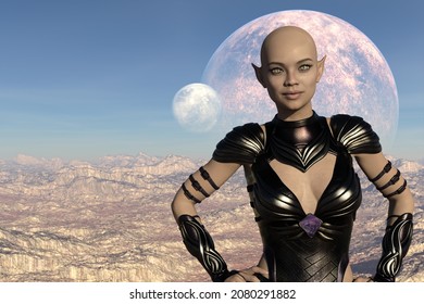 3d Illustration Of A Bald Female Alien With Pointy Ears Smiling With An Extraterrestrial World With Rising Moons In The Background