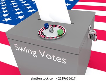 3D illustration of a ballot box with a roulette and two gambling dice and Swing Votes script on its side, isolated over US flag as a background.