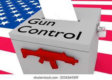 3D illustration of a ballot box with the script Gun Control on its top, and a gun silhouette in front side - isolated over US flag as background.