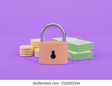 3D illustration, Bank Note and Cions with lock, financial security, online payment protection, online transaction, online banking and online