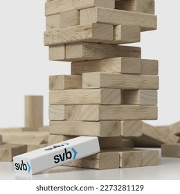 3D illustration of the banking system collapse in March 2023. The bankruptcy of the SVG bank resulted in a domino effect