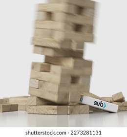 3D illustration of the banking system collapse in March 2023. The bankruptcy of the SVG bank resulted in a domino effect