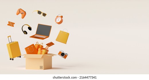 3d Illustration Banner Advertisement Of Opened Parcel Box With Shopping Bag, Gift Box And Items