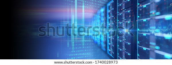 3D illustration banner \
of server room in data center full of telecommunication\
equipment,concept of big data storage and  cloud hosting technology\
\
\
\
\
\
\
